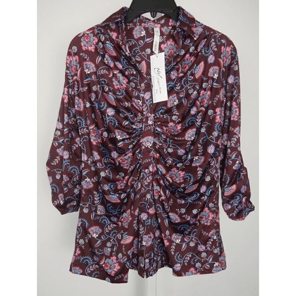 NY Collection Women's Petite 3/4 Roll Tab Rouched-Front Top Floral PS - Picture 1 of 5